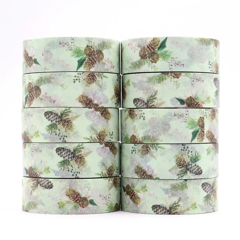 

10pcs/lot 15mm x 10m Pinecone Seamless Pattern Green Masking Adhesive Washi Tape organizer supplies masking tape sticker