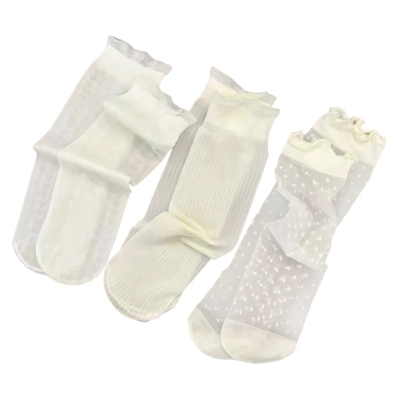 3Pairs Stretchy Socks with Lace Trim for Child Breathable Ice Silk Socks Toddlers Socks Spring School Dress Socks