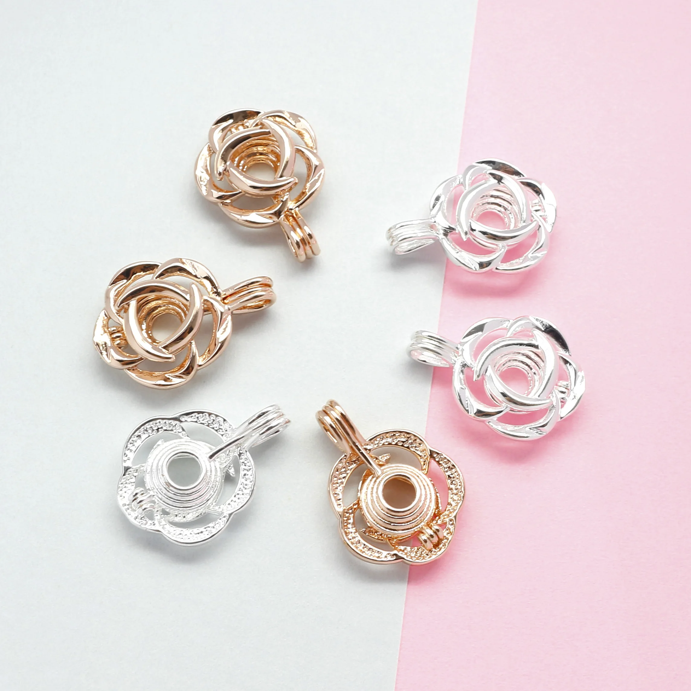 

10pcs Copper Rose Pearl Cage Locket Pendants Flower Aromatherapy Essential Oil Diffuser Necklace Charms For DIY Jewelry