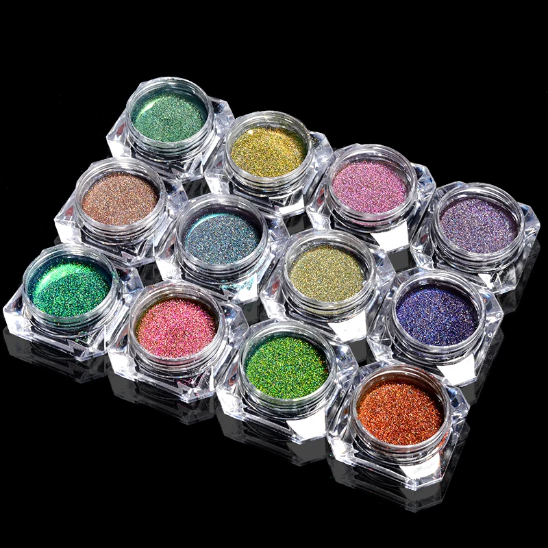 12Jars/Set Holographic Nail Art Glitter Powder Net0.5g Ultra-Fine Laser Chrome Pigment 0.05mm Sparkly Magic Mirror Manicure Dust