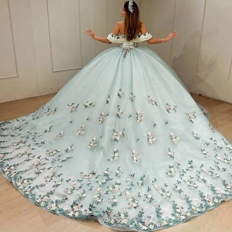 Maßgeschneidertes Mintgrünes schulterfreies Quinceanera-Kleid mit Applikation, Tüll-Spitze, 3D-Blume, Spitze, Vestidos de 15 Quinceanera ﻿
