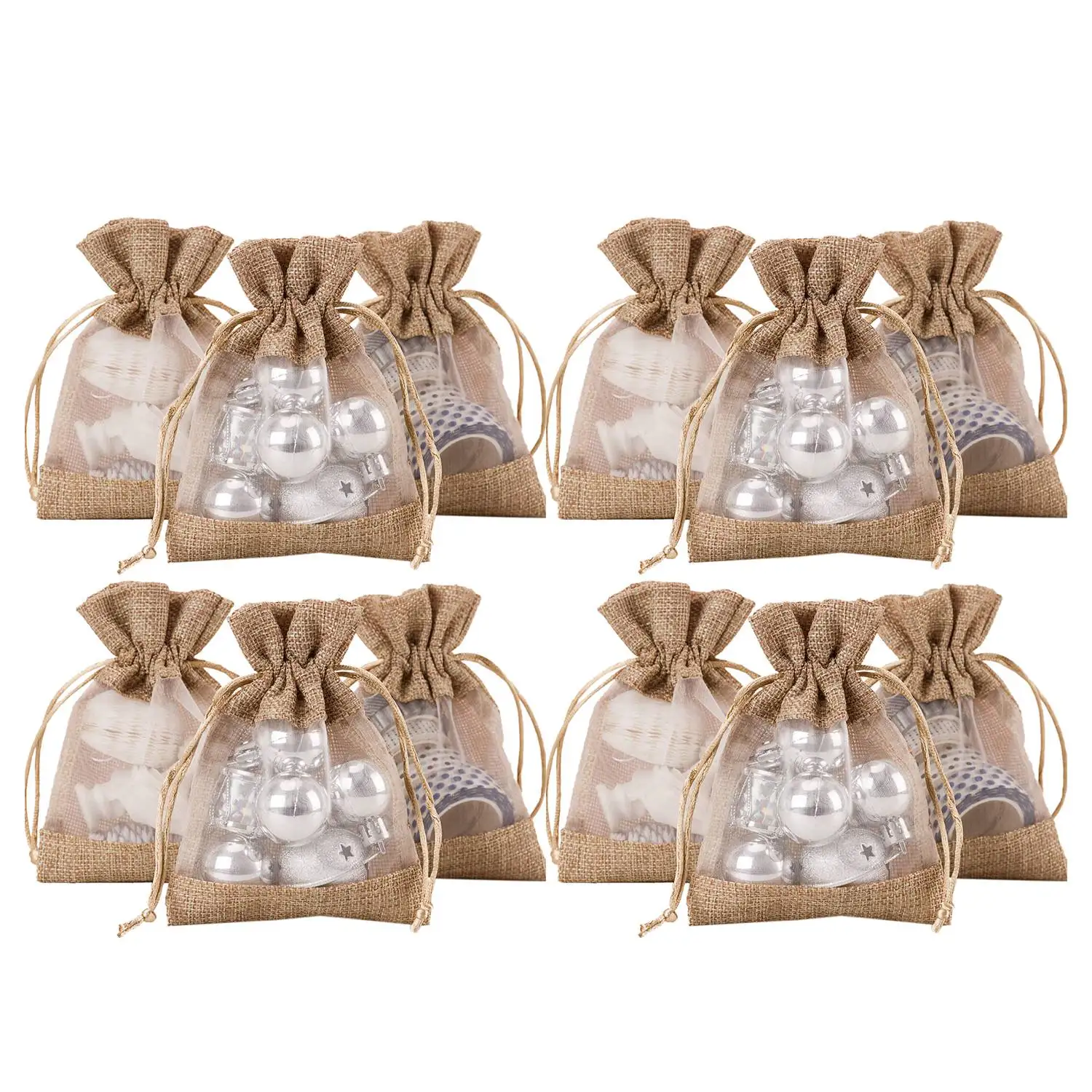 4X5.5 Inch 20 Pcs Burlap Drawstring Gift Bag - Burlap with One Side Organza Wedding Party Welcome Favor Bags - Tan