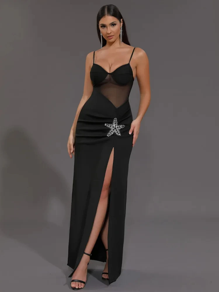 2024 Women Celebrity Sexy V Neck Starfish Mesh Black Maxi Long Bodycon Bandage Dress Knitted Elegant Evening Club Party Outfit