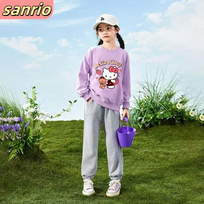 

Осенний комплект одежды для маленьких девочек, детские толстовки с принтом Sanrio Hello Kitty, пуловер, топ и штаны, костюм из 2 предметов, детский спортивный костюм