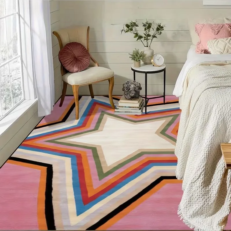 Large Multicolor Star Print Area Rug, Machine Washable Floor Mat for Living Room, Under‑Bed and Outdoor Home Decoration