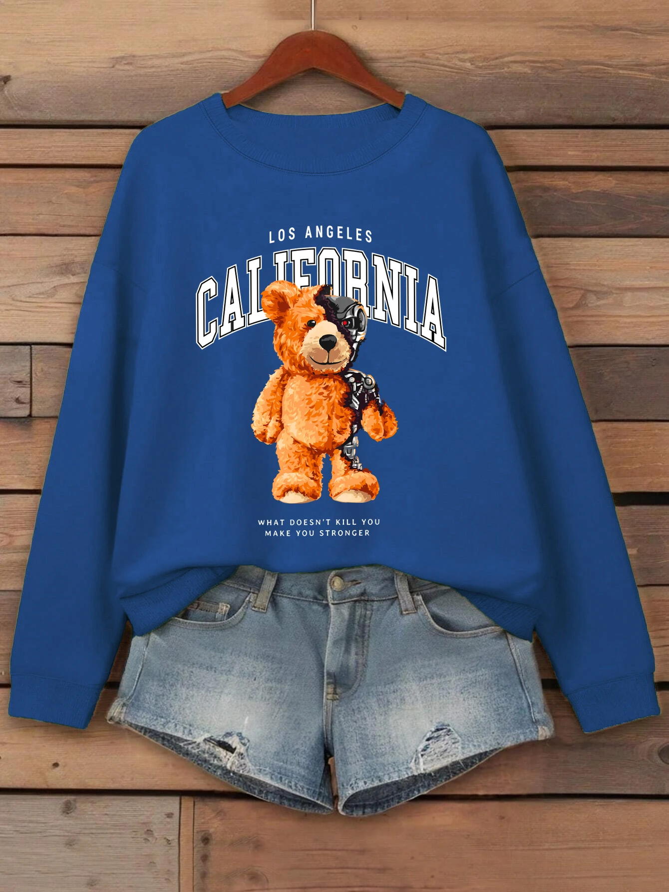 Urso mecânico califórnia carta impressão moletom feminino crewneck jogging roupas casuais solto streetwear outono velo pulôver