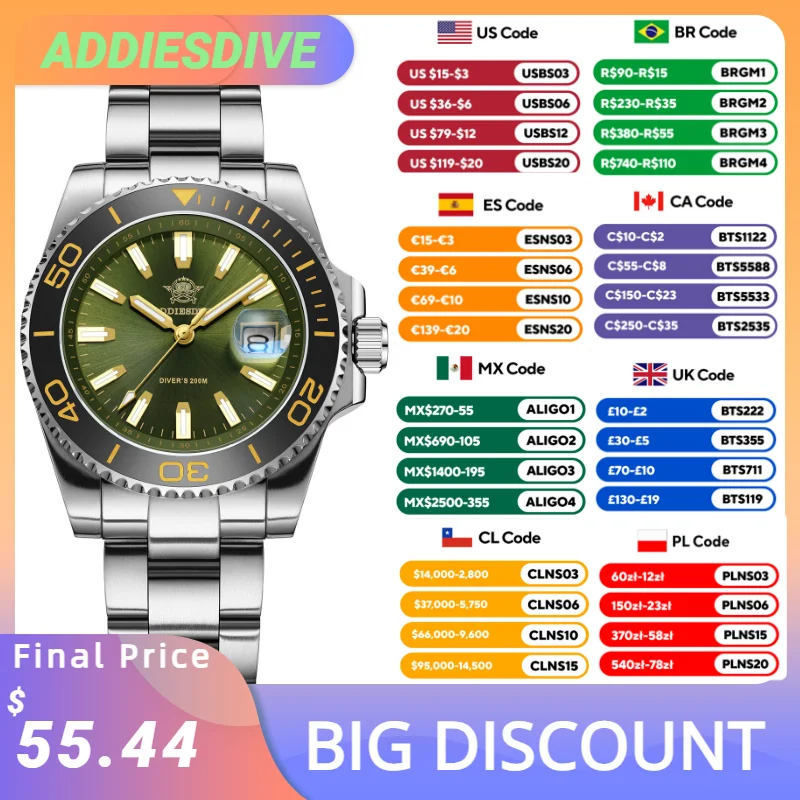 ADDIESDIVE NEUE Edelstahl-Herrenuhr 2115 Quarz Luxus 100m Wasserdicht Keramik-Lünette Relogios Masculino Armbanduhr für Männer