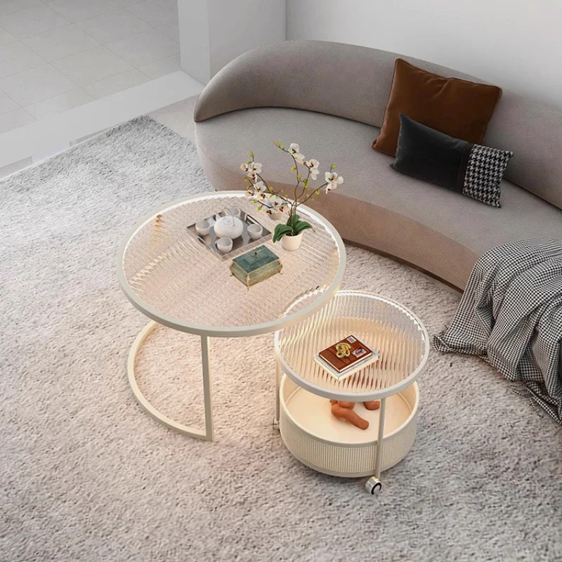 Cream Style Coffee Table Light Luxury High-Grade Movable Small Apartment Living Room Home Minimalist Glass round Table