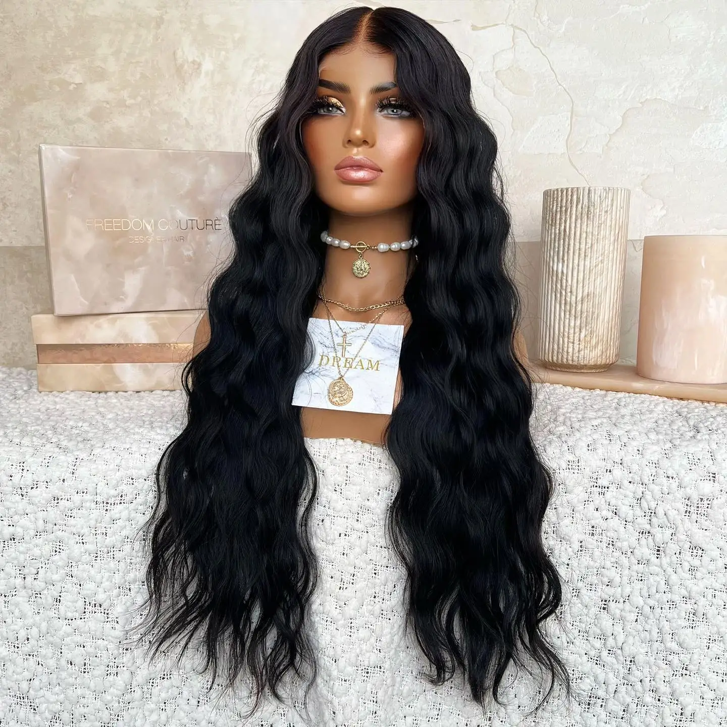 QW Deep Wave  Black Color Long 13X4  Synthetic Lace Front Wig  Hair Lace Frontal Wigs for Women Heat Resistant Fiber Cosplay