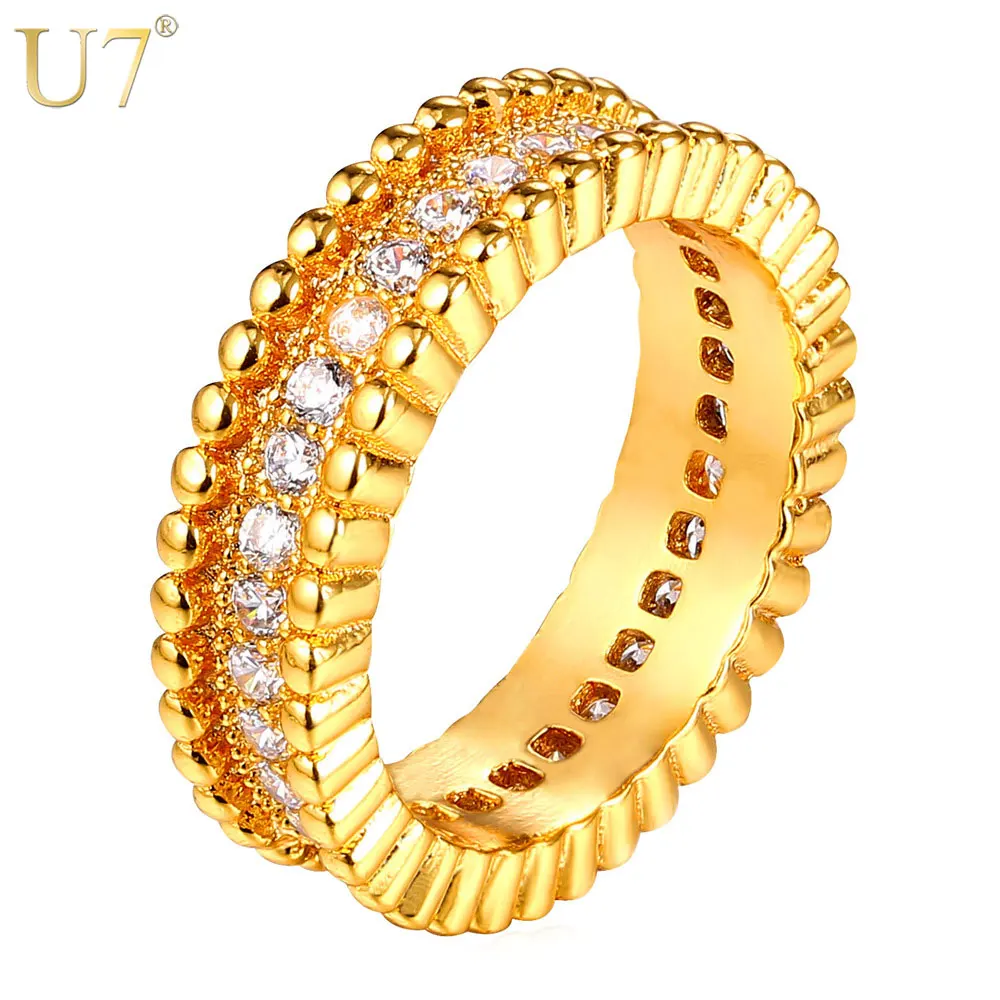 U7 Luxury AAA Cubic Zirconia Pave Setting Ring Jewelry Gold/Silver Color Trendy Party Gift Round Rings Women/Men Jewelry QC24