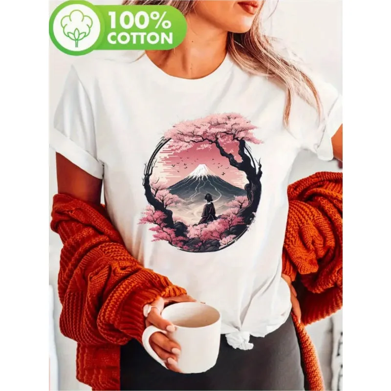 

Ladies' Casual Cotton T-shirt with Cherry Blossom and Mount Fuji Pattern Round Neck Short Sleeved Shirt Suitable for All Seasons