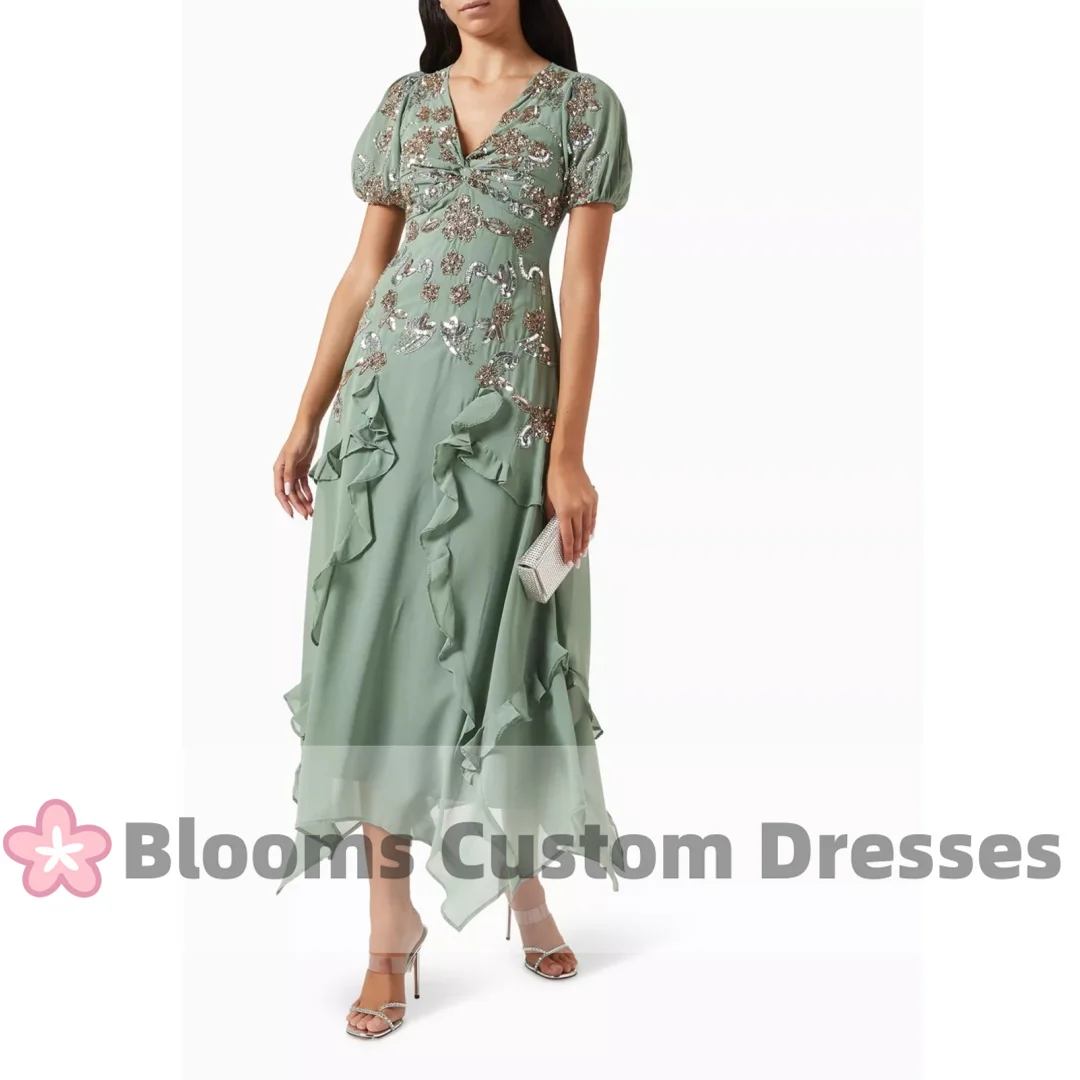 

Blooms V-neck Chiffon Short Sleeve Evening Dresses 2024 Shiny Sequin Embellished Ruffled Formal Party Gown robes invitée mariage