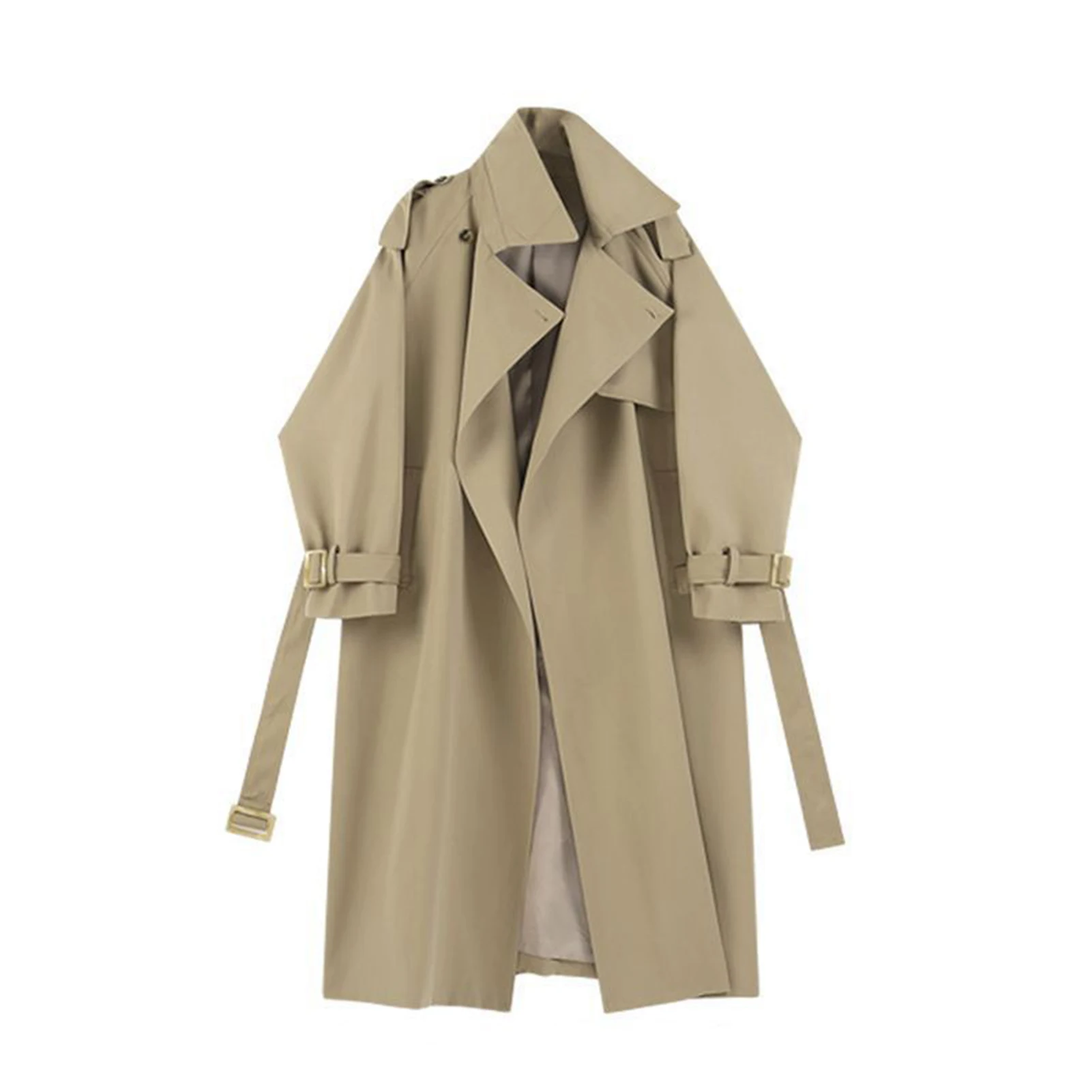 

Khaki Loose Classic Trench Coat Waterproof Solid Color Lapel Overcoat for Clubwear Birthday Office Work