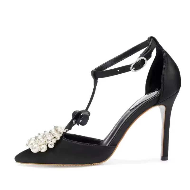

2025 New Fashion Ankle Strap Bow Rhinestone High Heel shoes Women Slim Heels Sexy Open Toe Closure T-belt Pearl Chain Sandals