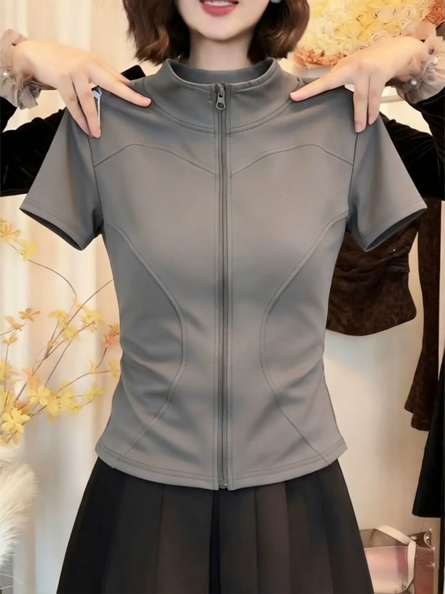 

Summer 2026 Women's Slim Fit Zipper Short Sleeve Stand Collar Quick Dry Top Grey Large Size Inner Wear Casual Shirt