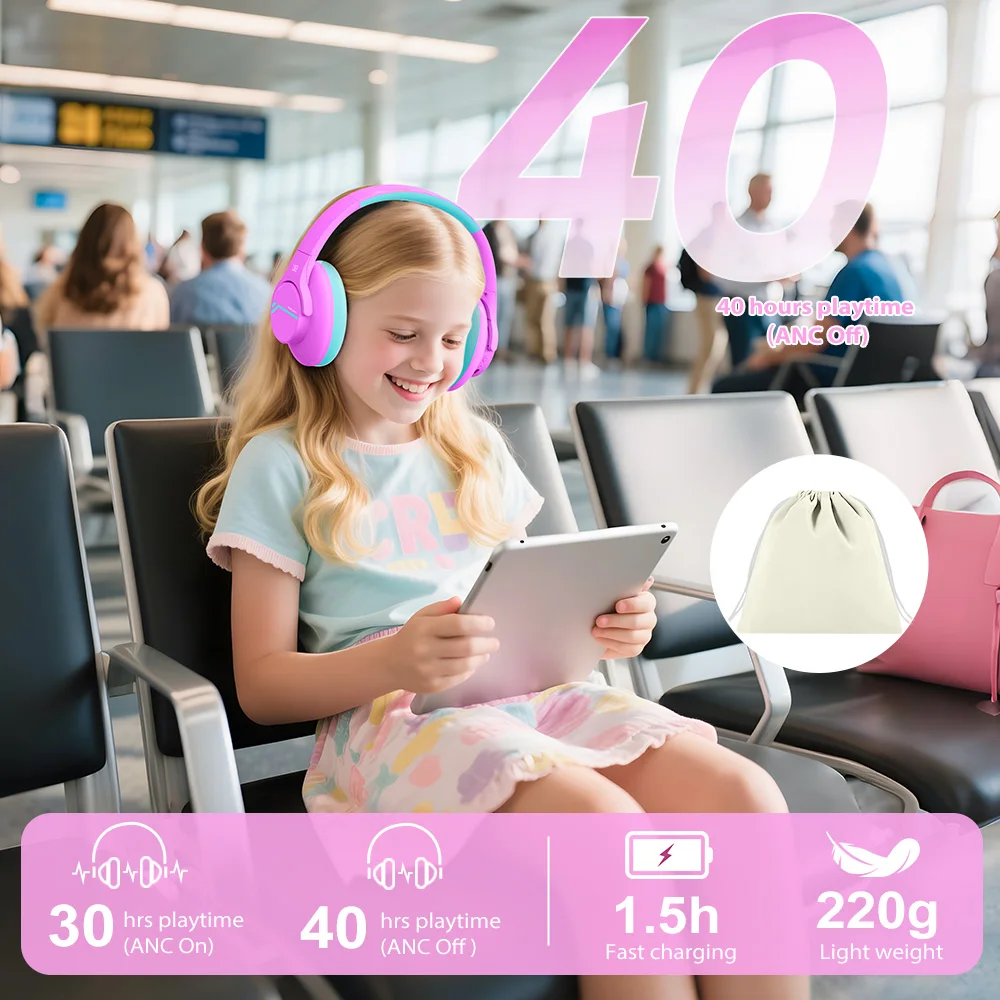 Anc sem fio bluetooth fone de ouvido crianças com cancelamento de ruído fones sobre a orelha dobrável proteção auditiva para viagens escola