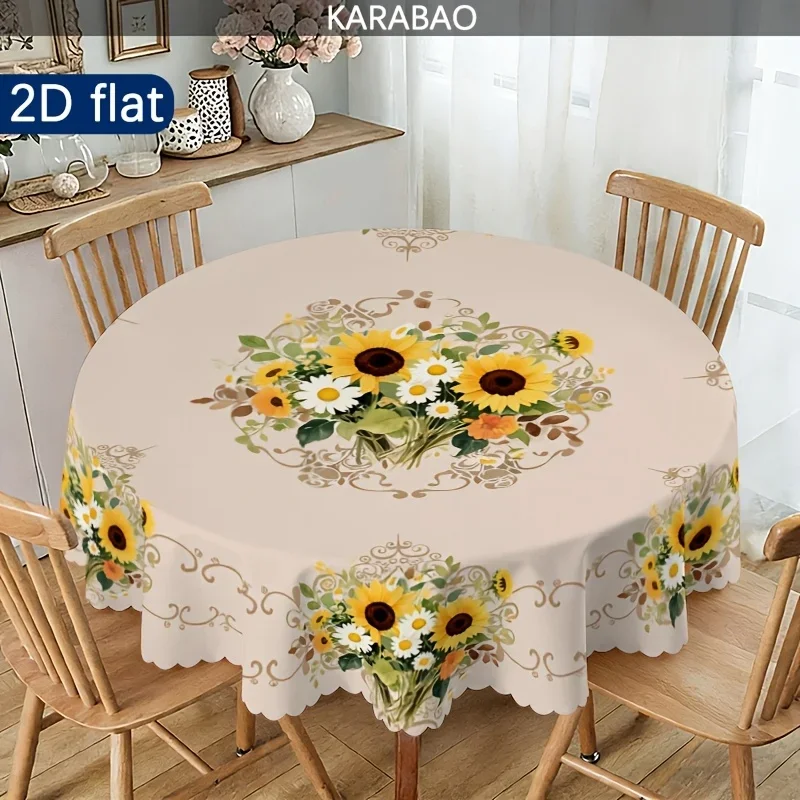 2D1 piece of circular tablecloth featuring sunflowers, with a European country-style decoration.xzj
