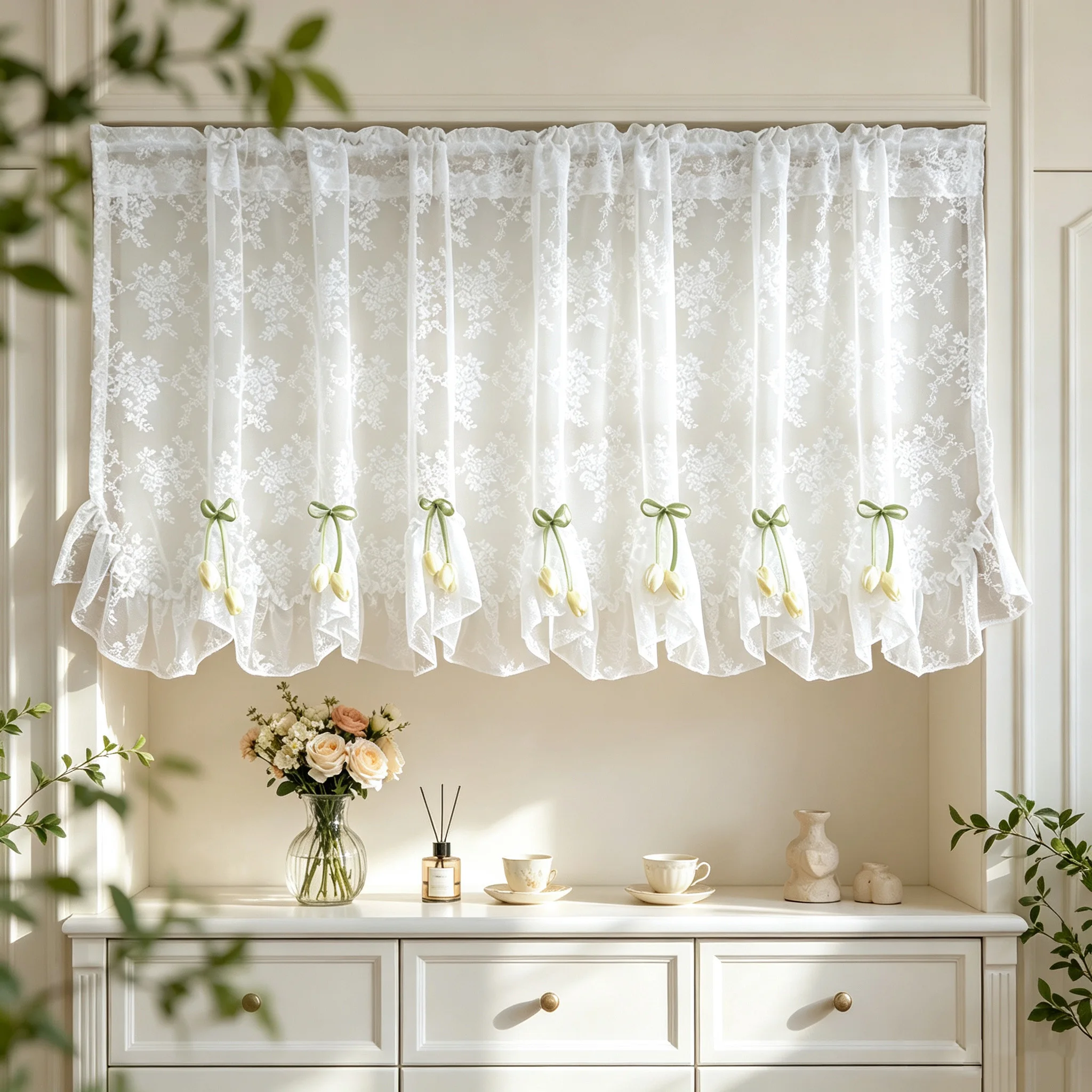 French Country Floral Sheer Lace Curtain with 3D Tulip Bow Ruffle Swag Half Window Valance Curtain for Kitchen Bathroom Cabinet