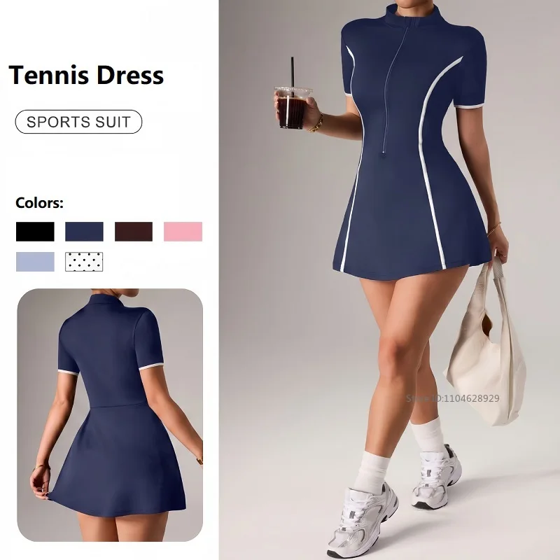 Women Short Sleeve Tennis Dress Polo Collar Zipper Yoga Golf Dress Lady Breathable Badminton Gym Skirt with Short XS-XL