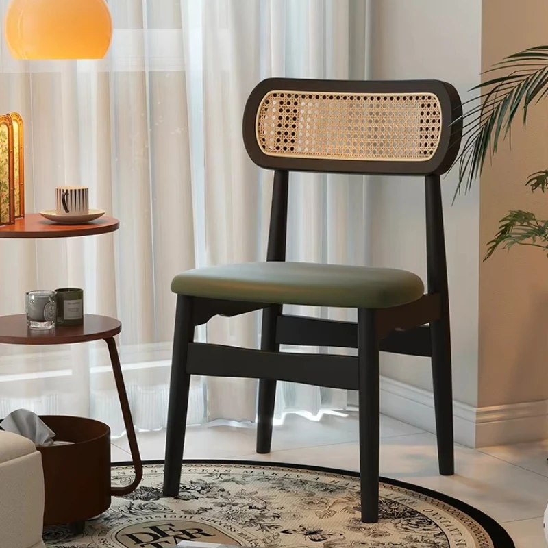 

Solid Wood Dining Table Chair, French Rattan Style Seat, Vintage Leisure Home Bench, Retro Backrest Dining Room Stool