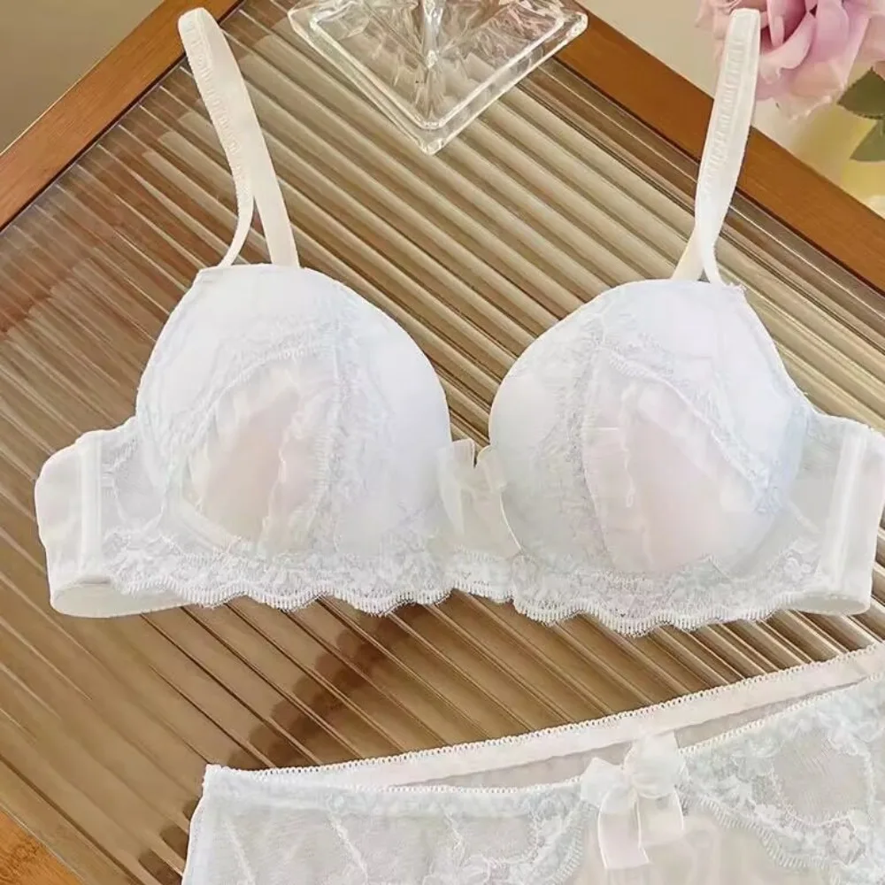 Women Comfort Lace Bra Set Wireless Thin Cup Summer Push Up Lingerie Support Non Steel Ring Sweet No Empty Cup Underwear 32-38AB