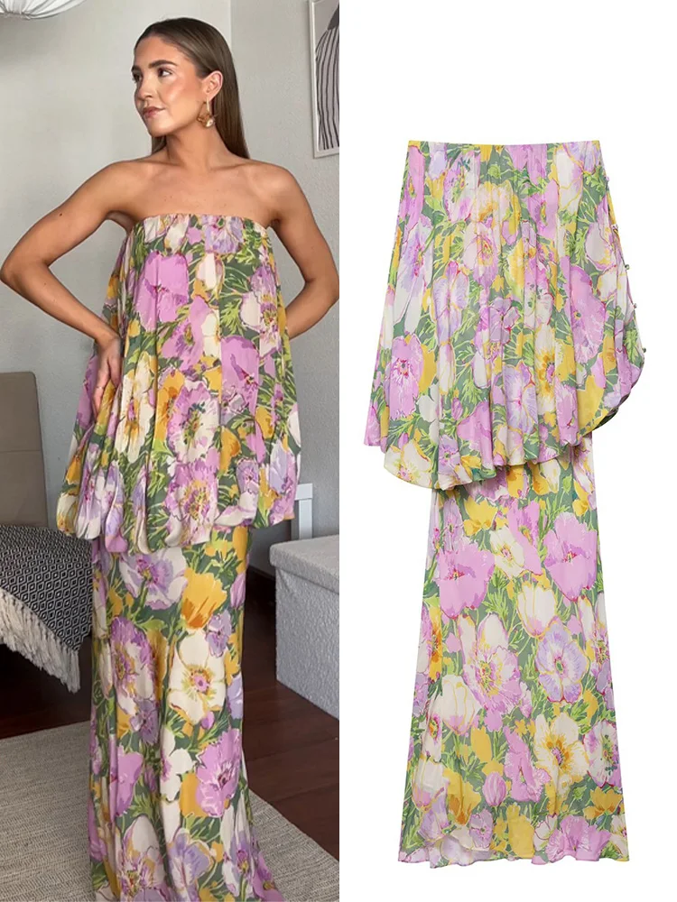 HH Women Fashion Irregular Flower Print Pleated Decoration Long Dress Female Summer Elegant Sexy Single-Breasted Slim Dress