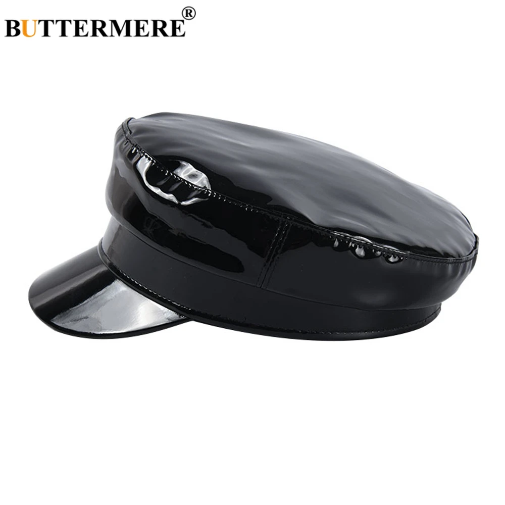 BUTTERMERE Patent Leather Military Style Cap Ladies Black Sailor Hat Woman Captain Cap Autumn Winter High Fashion Hats