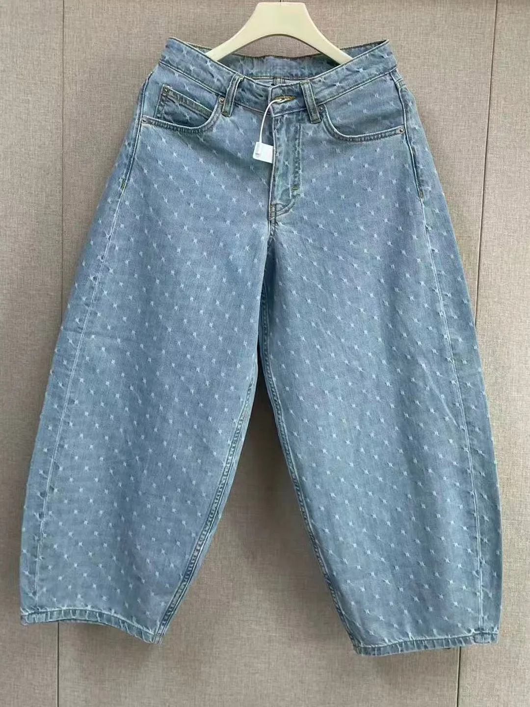 

Spring 2026 Women's Faion Light Blue Small Texture Pattern Balloon Pants Cotton Nine-Tenths Denim Jeans Loose Fit l W...