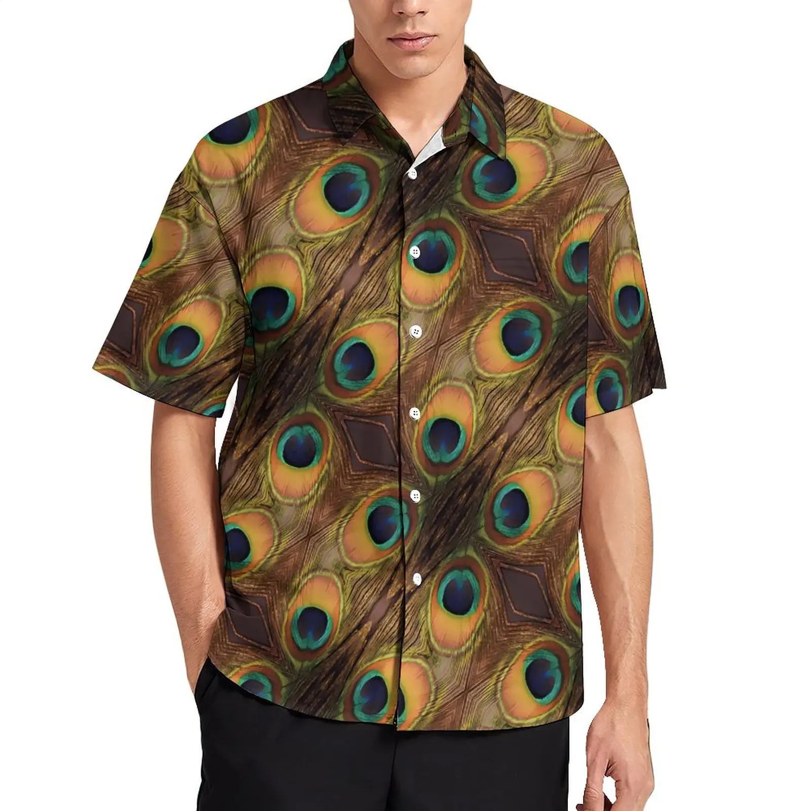 

Colorful Peacock Casual Shirt Green Gold Black Novelty Hawaiian Shirts Man Short Sleeve Vacation Breathable Oversized Blouses