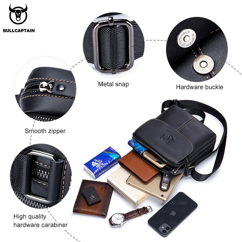 BULLCAPTAIN-Bolsa de ombro de couro para homens, pequenos sacos casuais, bolsa tiracolo multifuncional, marca, D07