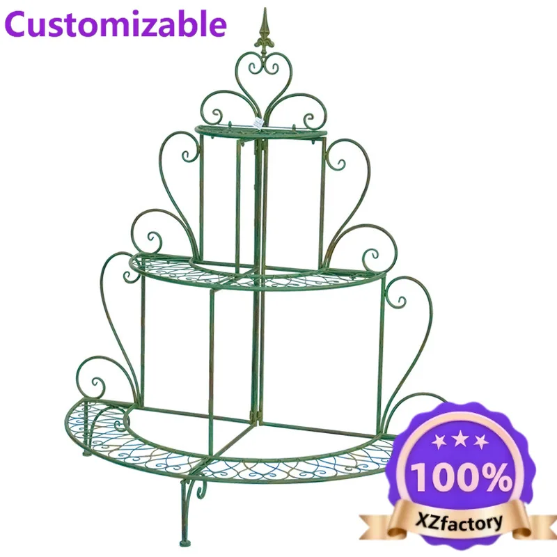 Factory Direct 2026 Retro wrought iron three-layer, semi-round flower stand, indoor and outdoor garden, balcony, courtyard flowe