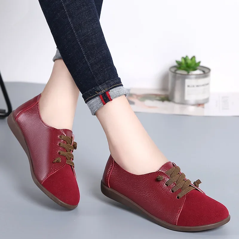 New 2024 Spring Woman Ladies Shoes Leather Non-slip Flats Lace Up Sneakers Women Oxford Shoes Plus Size Moccains Ladies Shoes