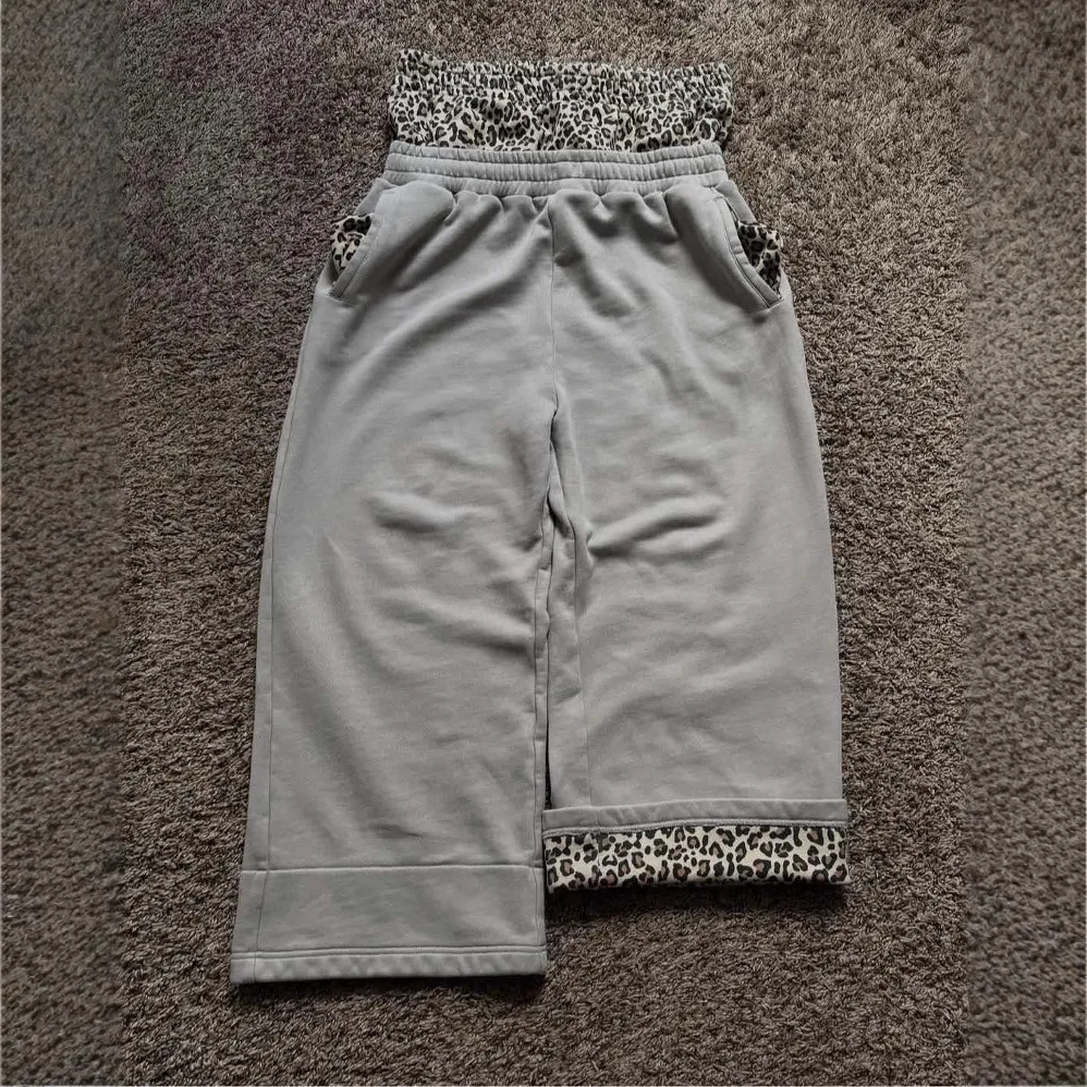 الرجعية الهيب هوب الشارع الاتجاه فضفاضة عارضة المرقعة ليوبارد طباعة مزدوجة الخصر وهمية قطعتين Sweatpants