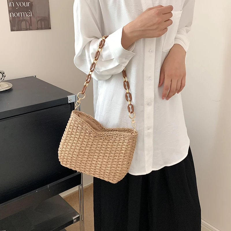 Green Design Straw Bag 2024 Fashion Chain Shoulder Handbag And Purse Boho Beach Bag Rattan Handmade Female Bag Summer Bolsos