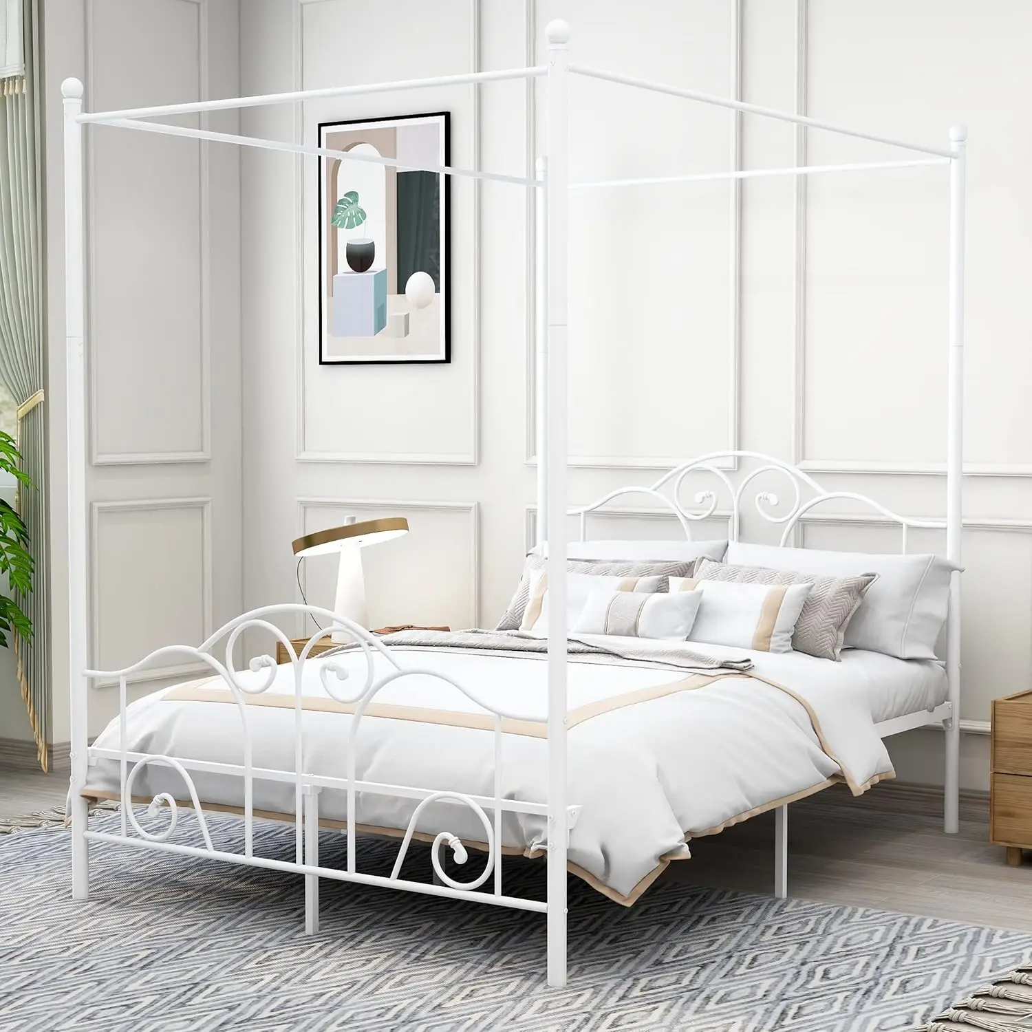 Full Metal Canopy Bed Frame with Headboard & Footboard, Slatted Platform No Box Spring Needed, White, Customized