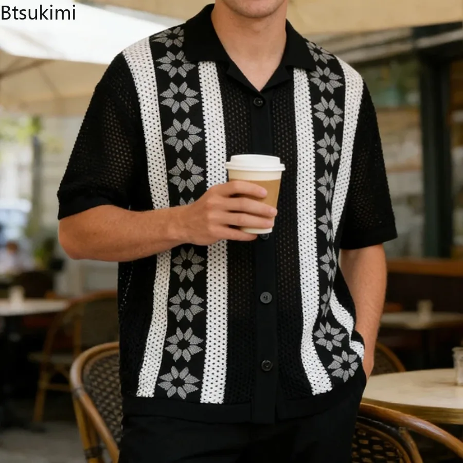 New Men's Trendy Hollow Out Shirt Knitting Turn-down Collar Button-up Casual Shirts Spring Summer Vintage Men Solid Color Shirt