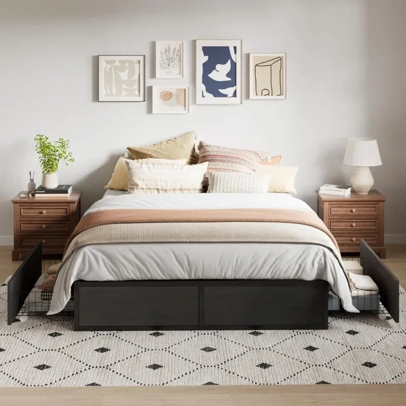 Platform Bed Frame with 2 Configurable Under-Bed Drawers,Full Size Heavy  Metal Base,No Box Spring Needed,Black