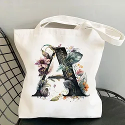 26 Black Alphabet  Flower Tote Bags for Women Large Capacity Canvas Casual New Shopping Printed Reusable Handbag