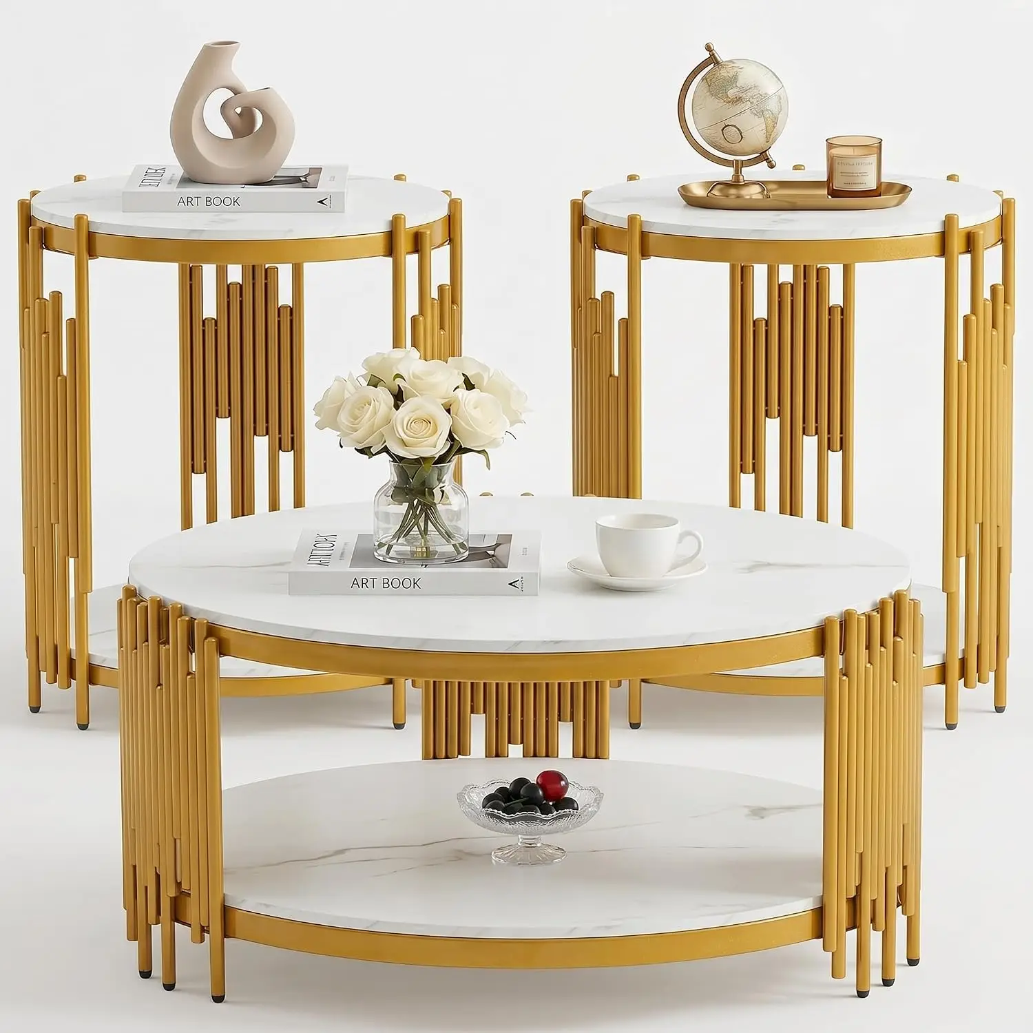 3 Piece Round Coffee Table Set of 3, 31.5" Circle Faux Marble Coffee Table and 2 End Tables Set with Stable Metal, Customized