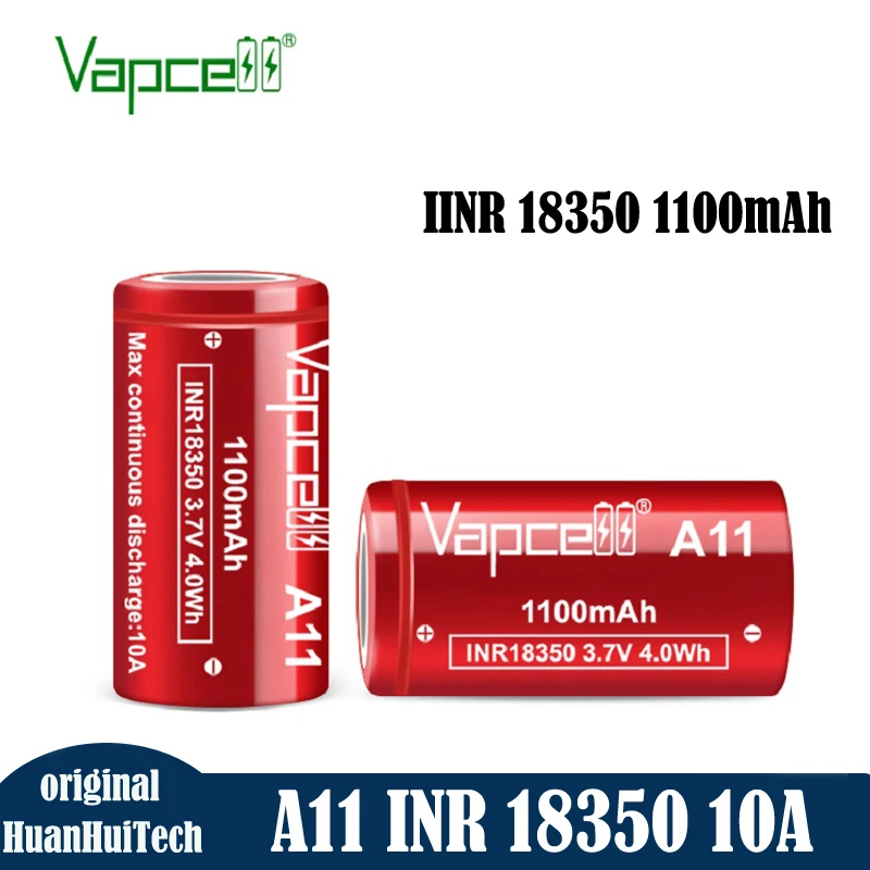 Original Vapcell A11 INR 18350 1100mah Battery Capacity 1100mah 10A 3.7V Rechargeable Lithium 18350 Batteries For Battery Pack