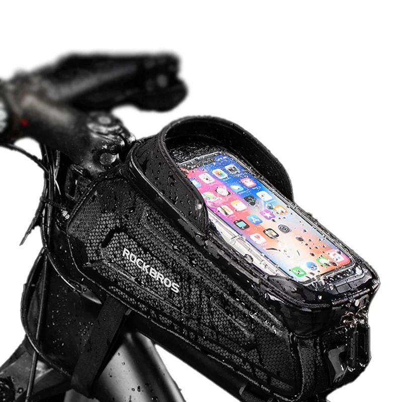 Guaranteed Black With Cover OEM IPX2 Waterproof 6.0' Cycling Bicycle Front Tube Pannier Touch Screen Frame Bag for Cell Phone