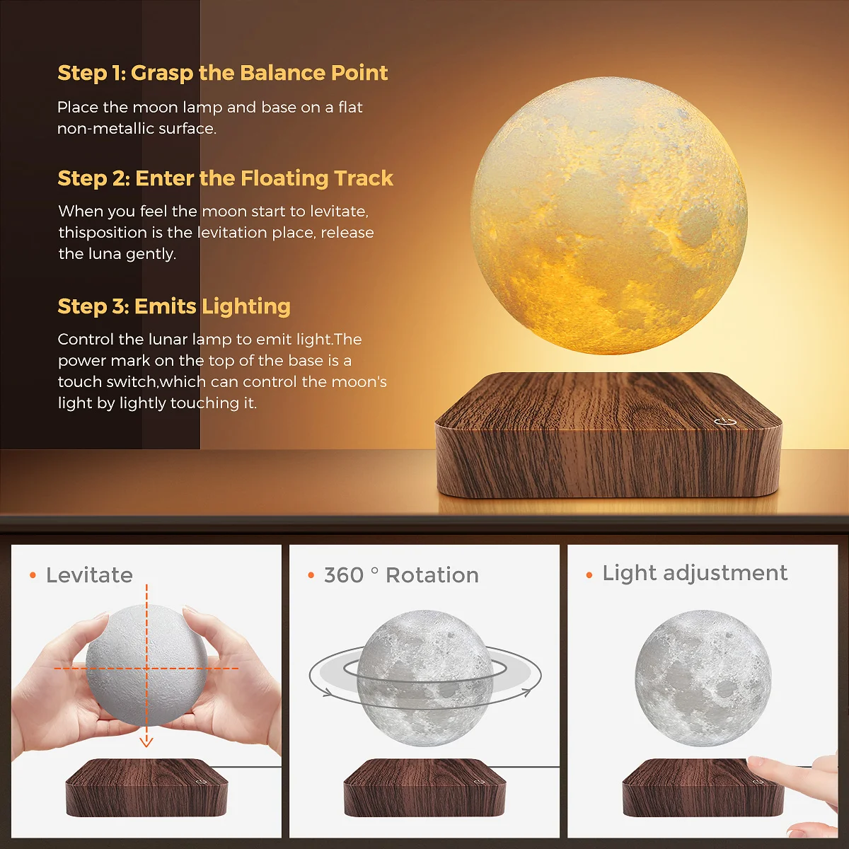 Levitating Moon Lamp, Magnetic Floating Moon Lamp Spinning Luna Night Light with 3 Color Modes, for Home Office Desk Decor,