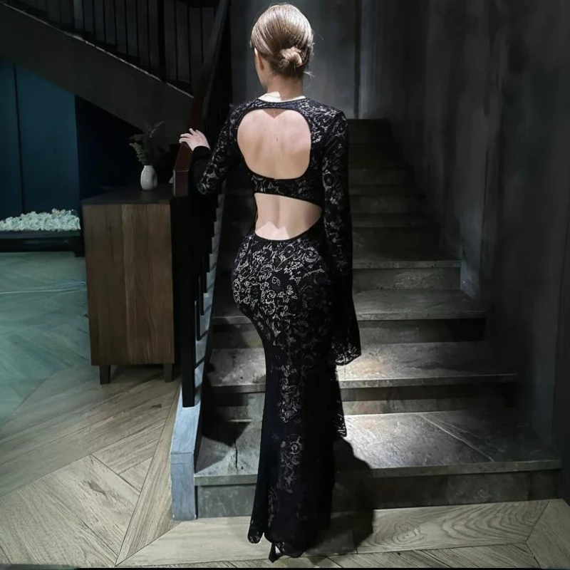 TARUXY Elegant Lace Backless Dress Women's Solid Slim Sexy High Waist Bell Sleeves Autumn New Dress Female Evening Gown