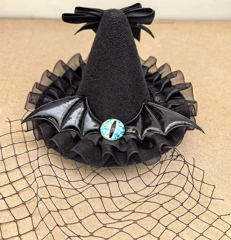 Gothic dark-themed queen bat demon with eye roses  small hat performance party accessory view 5