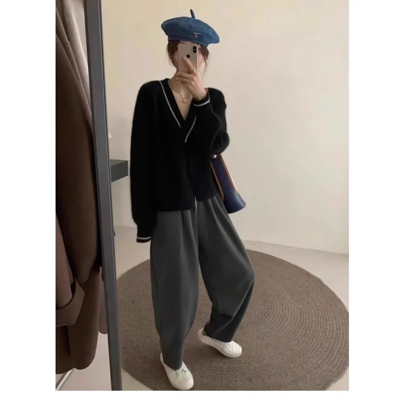 Cárdigan de punto de Color contrastante con cuello en V Retro francés para mujer, Top corto holgado de otoño e invierno