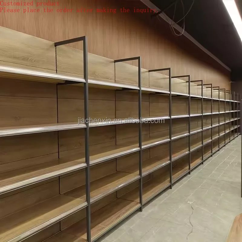 

На заказ.Деревянные металлические деревянные стеллажи для гондолы, полки для супермаркетов, дизайнерская полка для продуктового магазина, двухсторонняя стойка