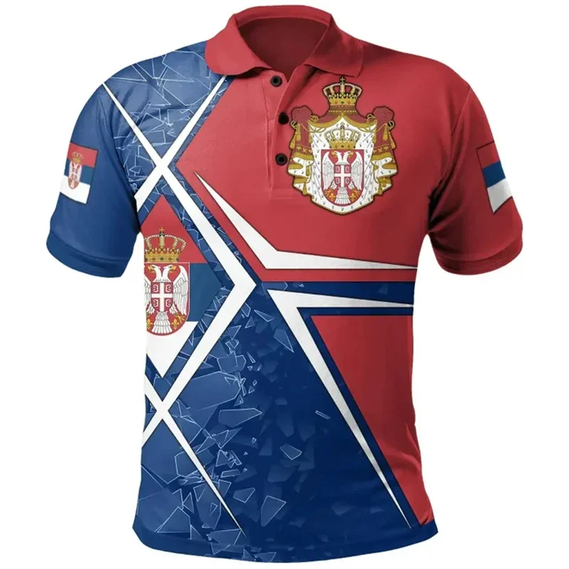 3D Printed Serbia Flag Polo Shirt Men National Emblem Pattern Summer Short Sleeve Sports Tees Lapel Tops Loose Street T-Shirts