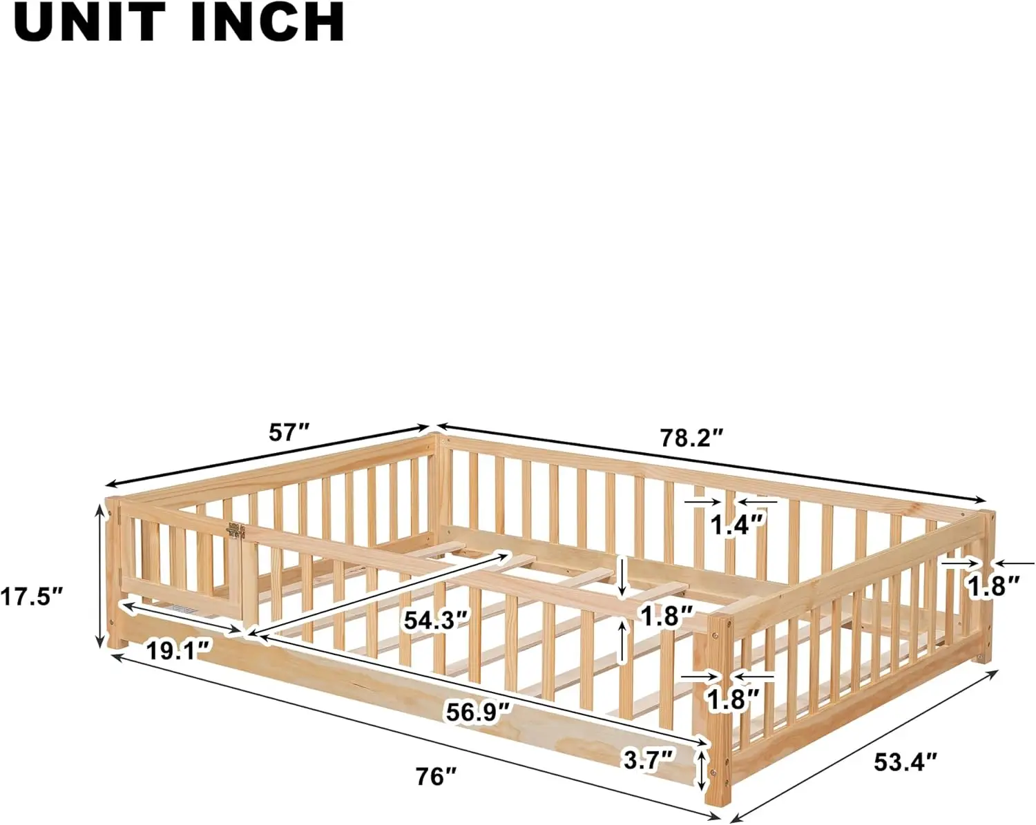 Floor Bed with Slats and Fence for Kids, Montessori Floor Bed with Door and Safety Guardrails,Wood Full Size Floor Bed Frame, Mo