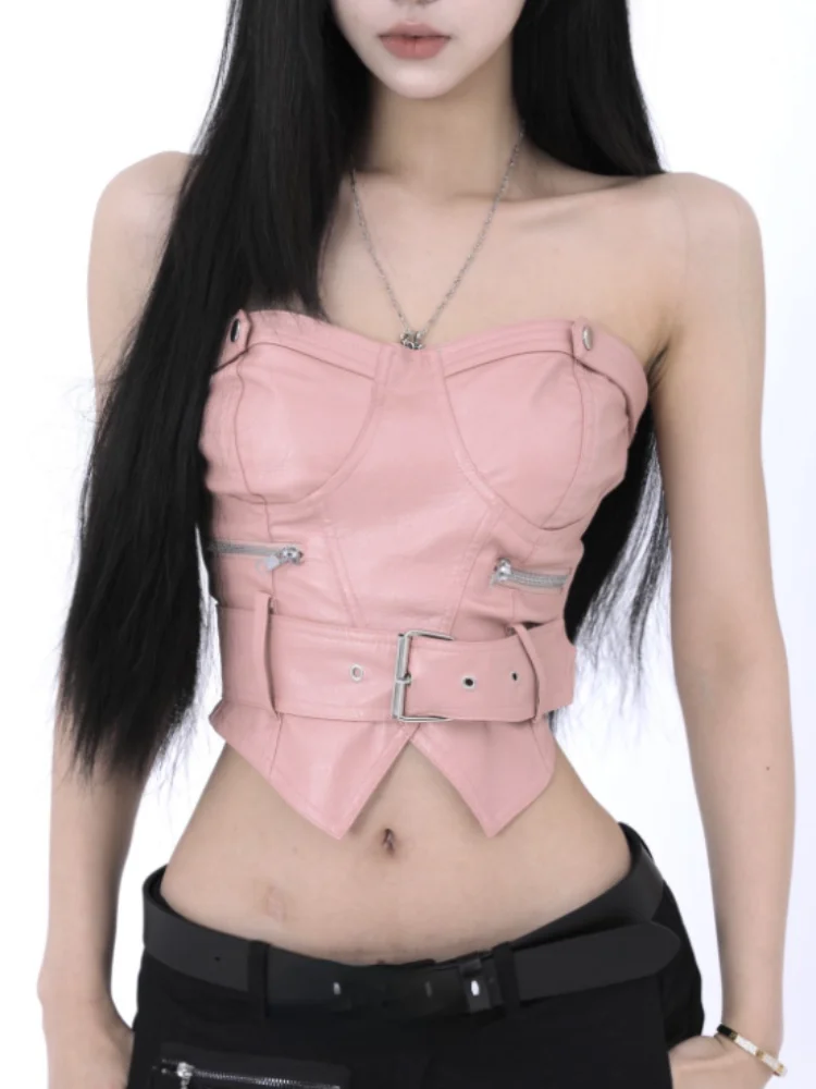 Y2k Strapless Sleeveless Sexy Slim PU Chest Korean Fashion Chain Zipper Short Top