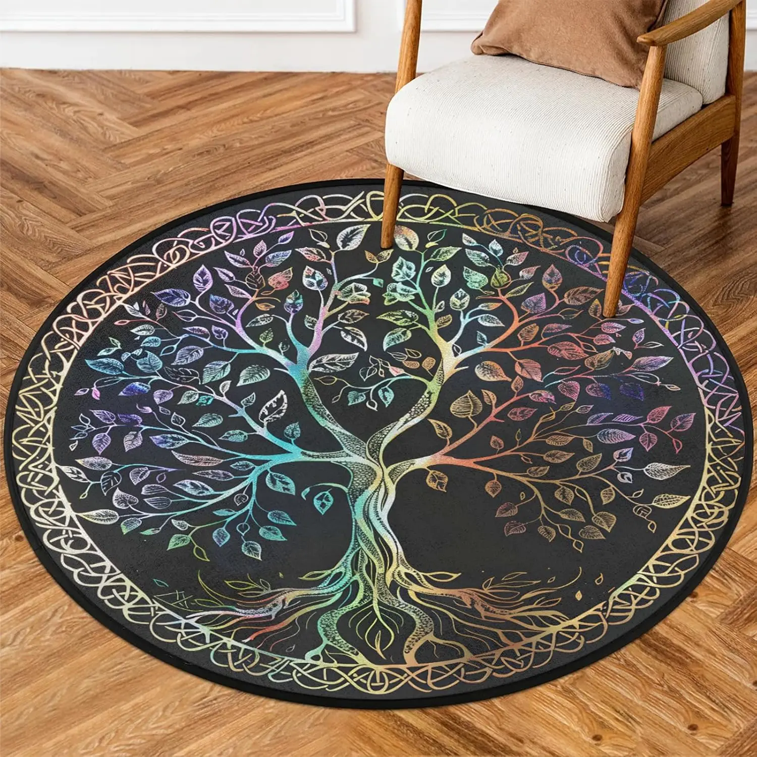 Rainbow Tree of Life Round Rug Iridescent Leaves Celtic Border for Spiritual Space